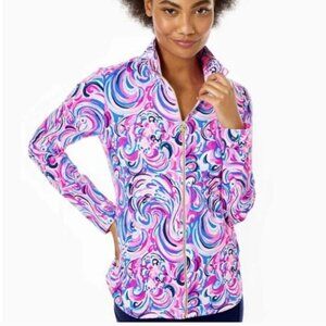 Lilly Pulitzer Leona zip-up Jacket Raz Berry Flamingoals UPF 50 size Large NWOT